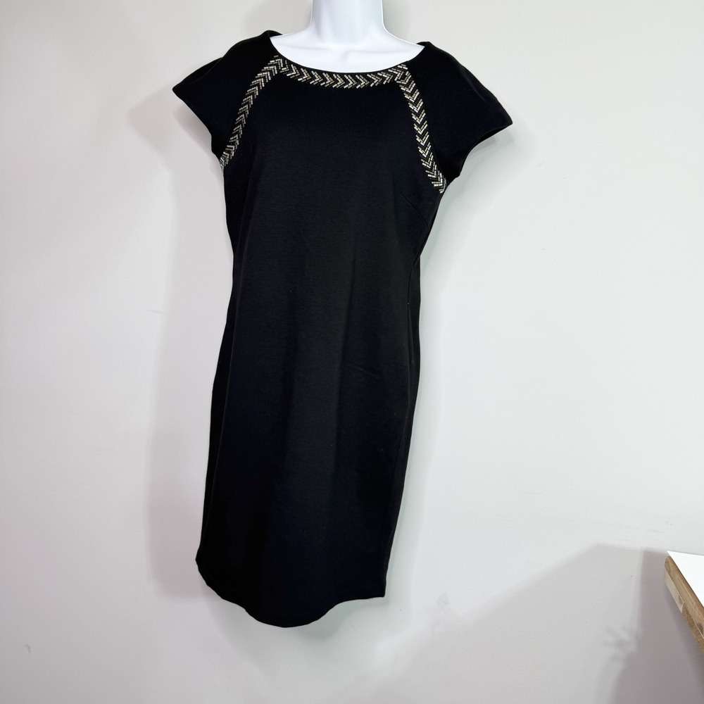Carmen Marc Valvo Dress Womens Medium Black Macedonia Beaded Sheath Party Formal